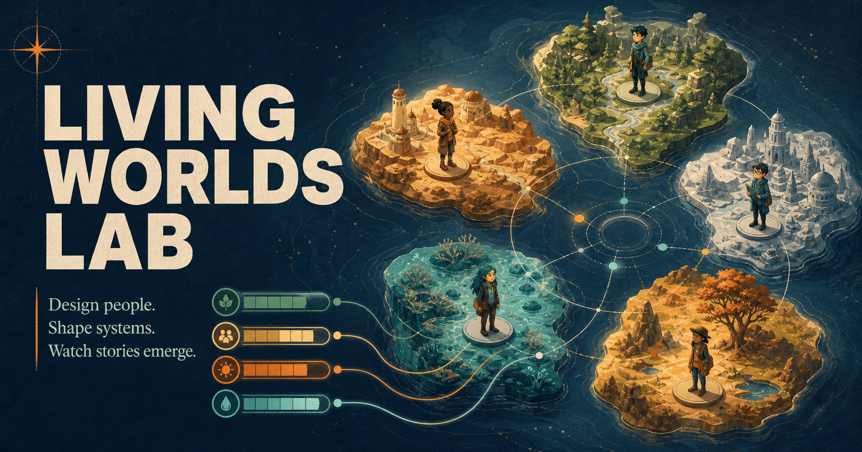 Living Worlds Lab cover with five connected world islands and orbiting characters.